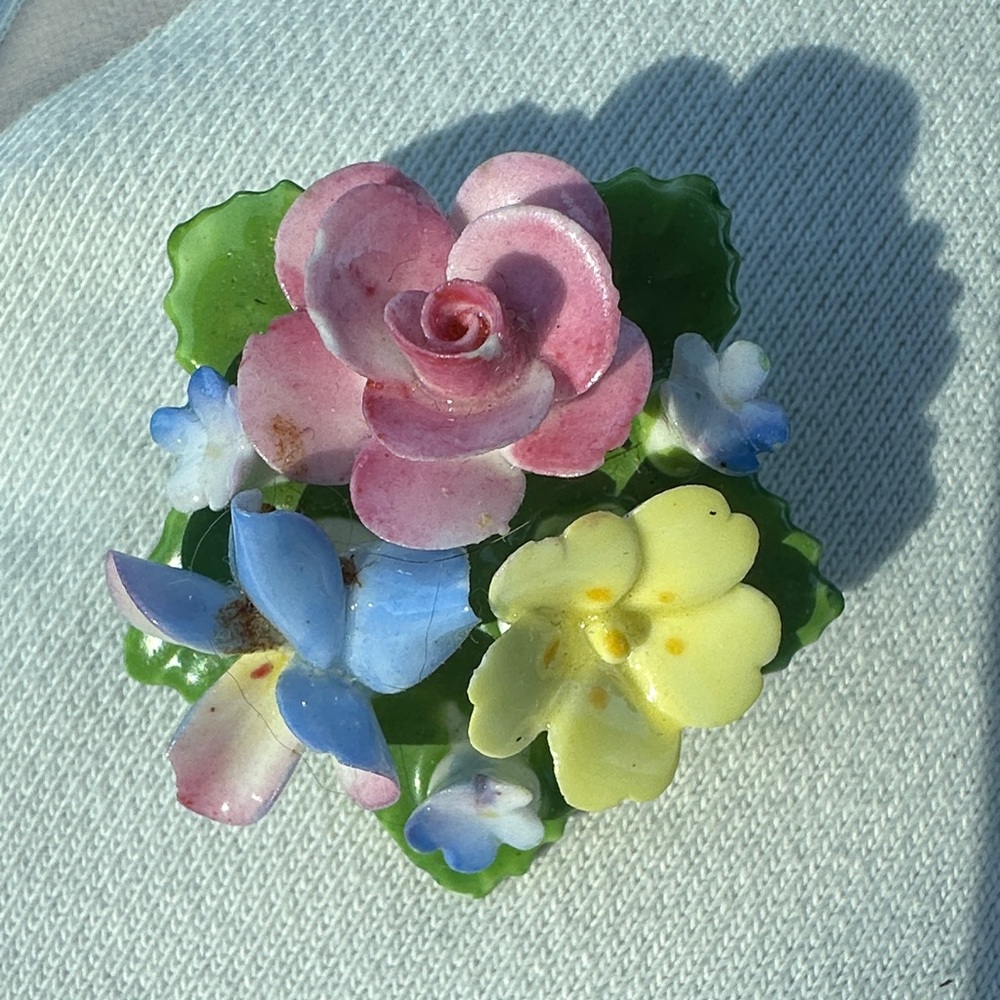 Cara Staffordshire Vintage Porcelain Mini Floral Brooch Pink Blue Yellow Flowers